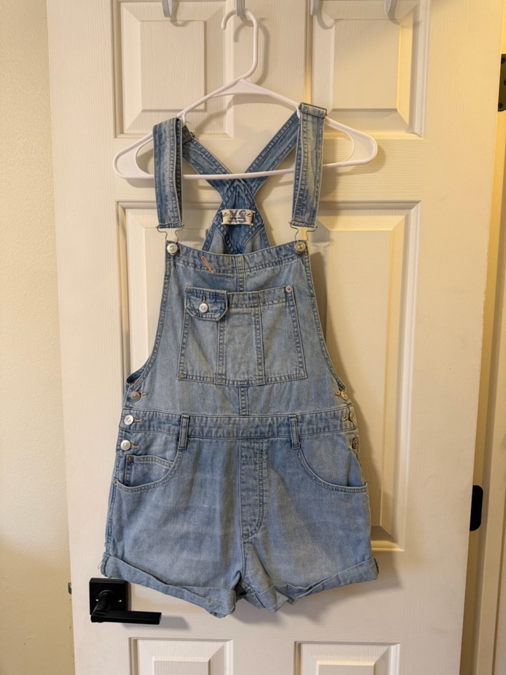 We The Free Light Blue Denim Short Overalls